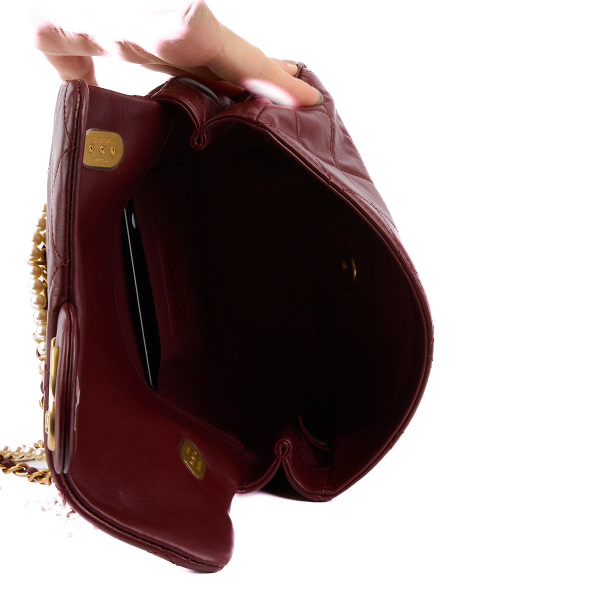 CHANEL - Sac bandoulière Mini Classique perles cuir bordeaux - Handbag