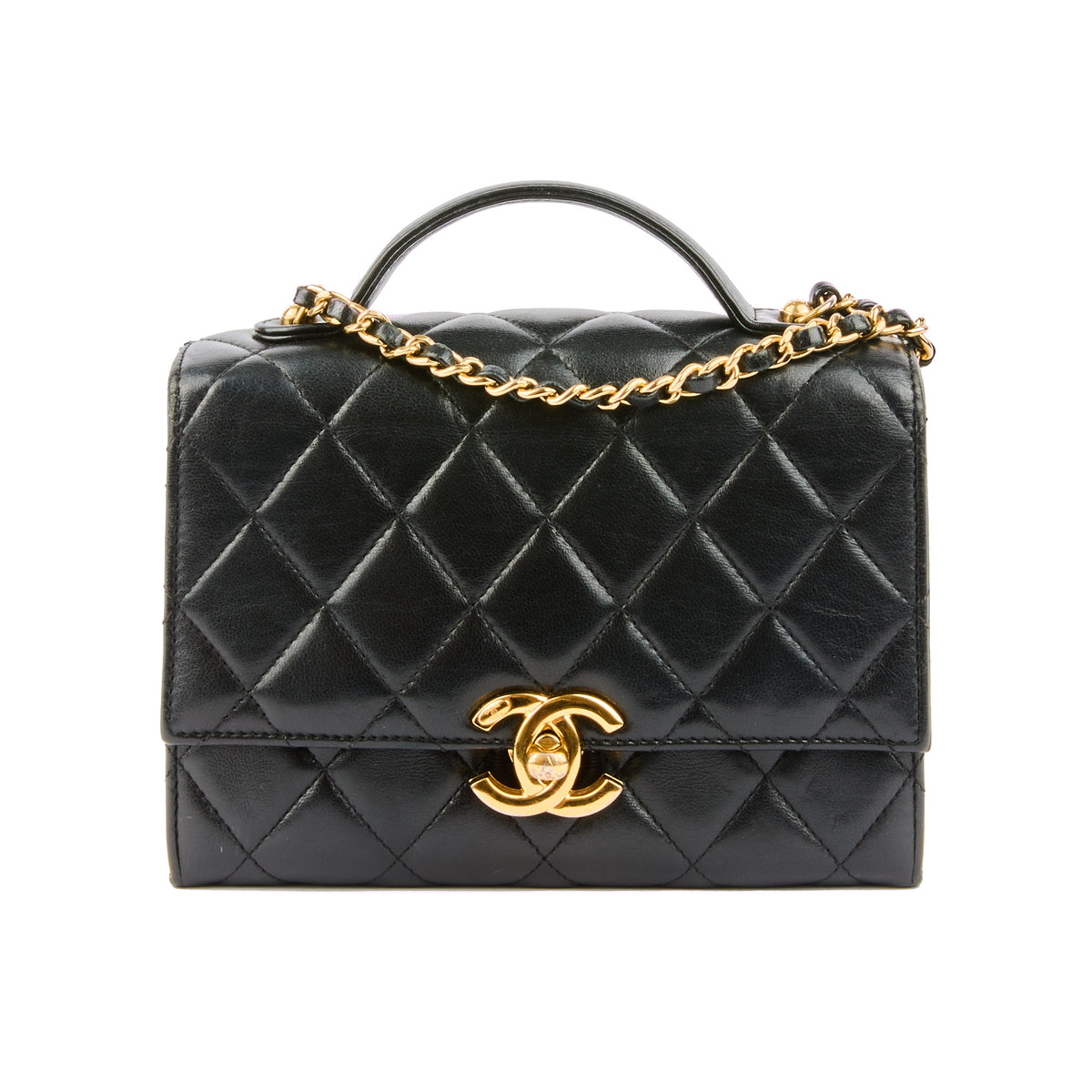 CHANEL - Sac bandoulière Golden Plate Top Handle cuir matelassé noir - Handbag