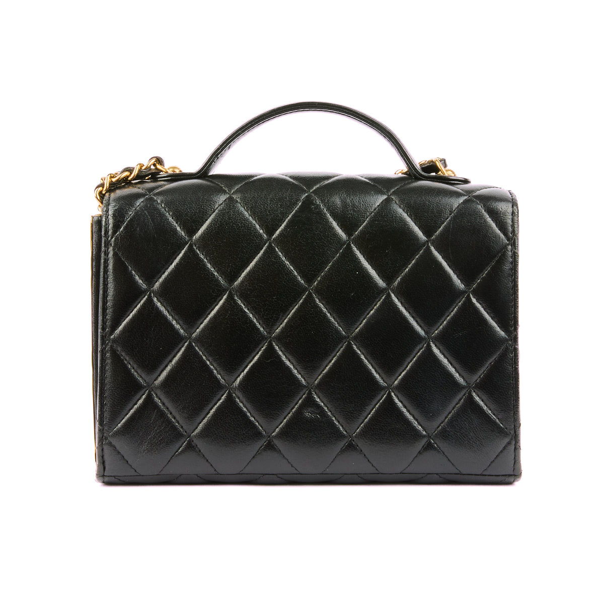 CHANEL - Sac bandoulière Golden Plate Top Handle cuir matelassé noir - Handbag