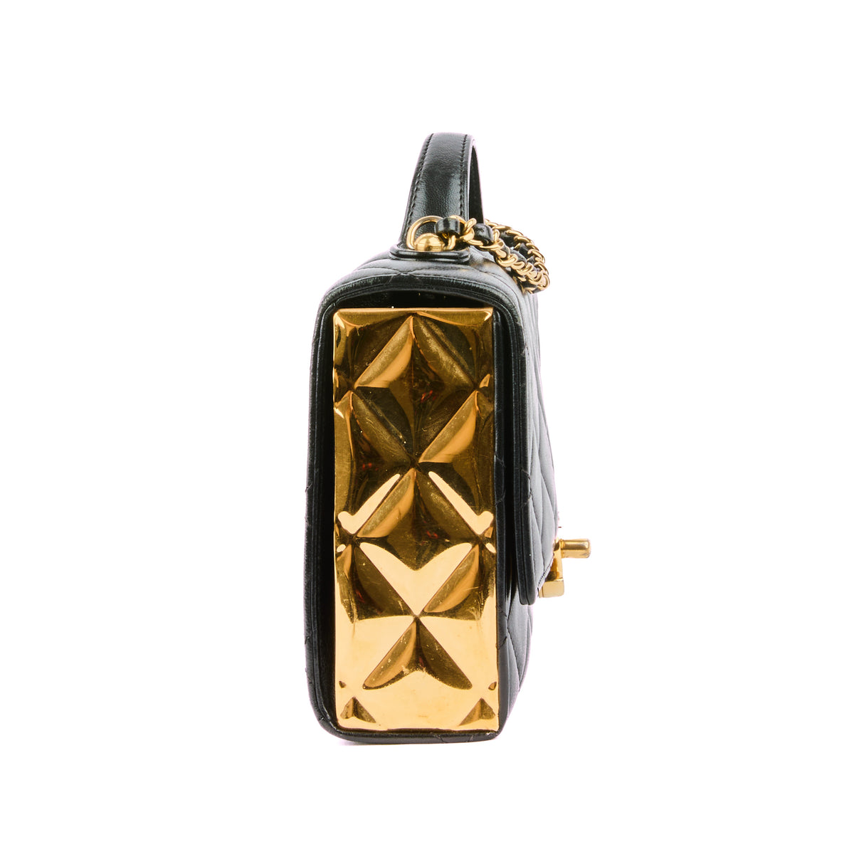 CHANEL - Sac bandoulière Golden Plate Top Handle cuir matelassé noir - Handbag