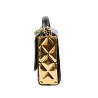CHANEL - Sac bandoulière Golden Plate Top Handle cuir matelassé noir - Handbag