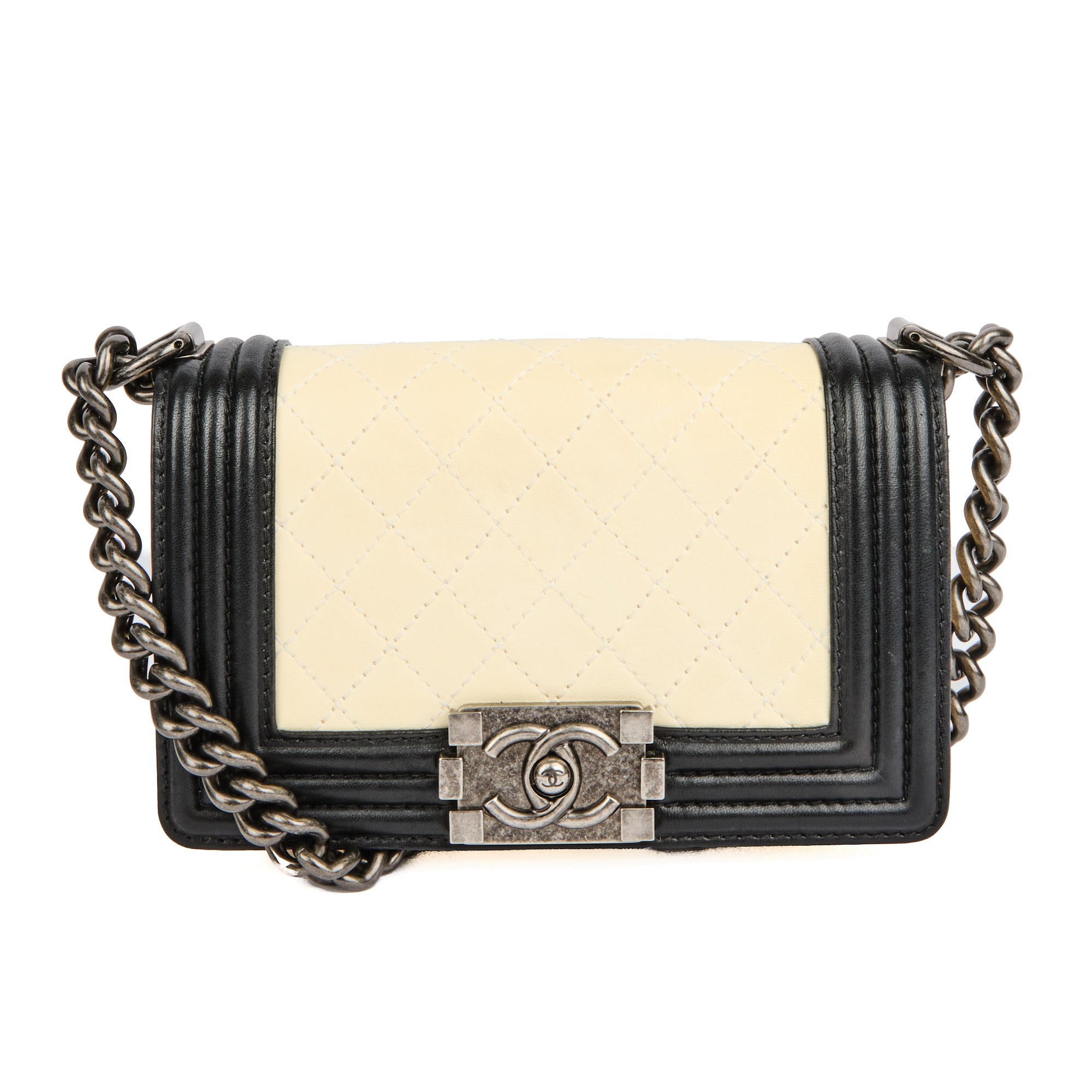 CHANEL - Sac bandoulière Mini Boy cuir blanc noir - Handbag