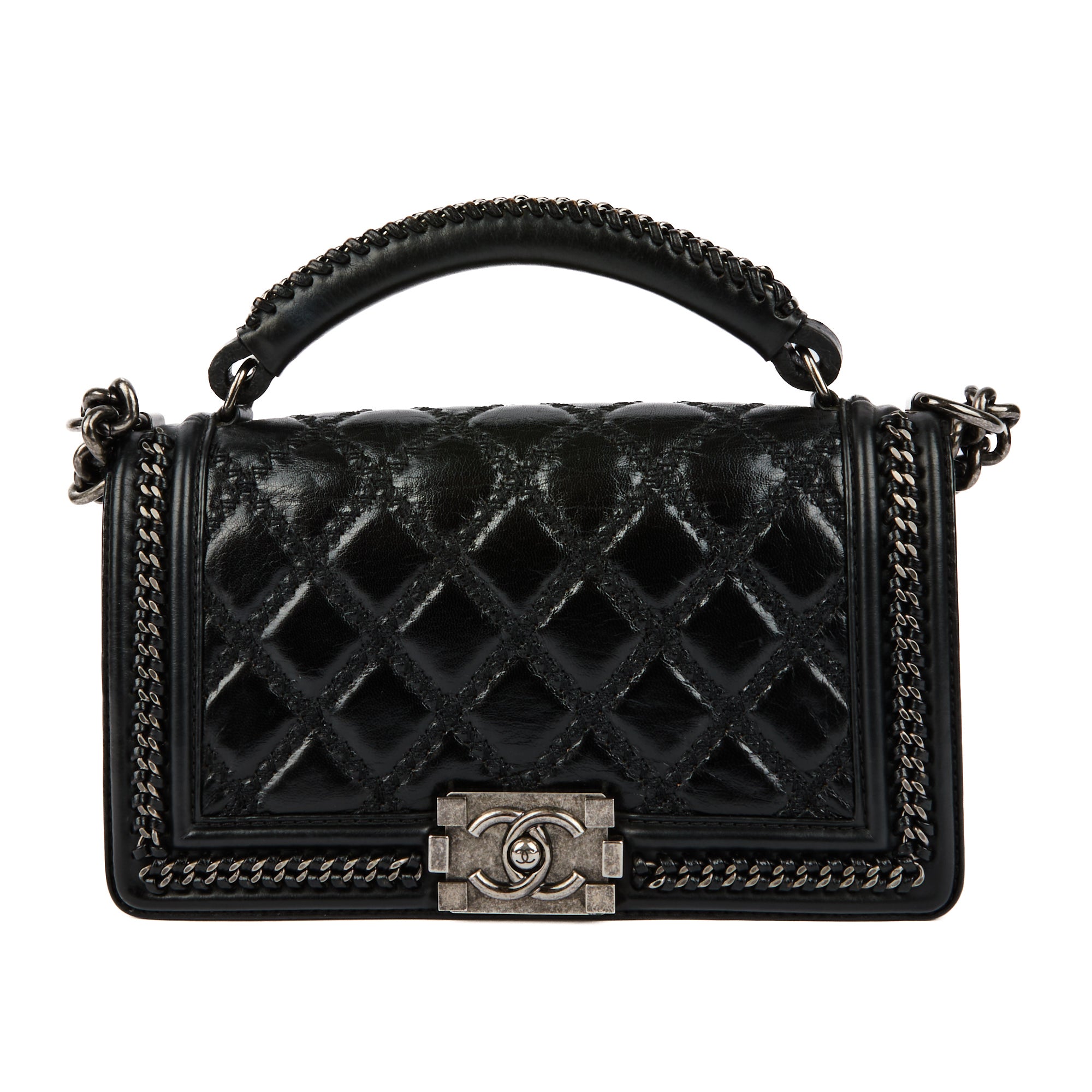 CHANEL - Sac à main Boy Handle cuir matelassé noir - Handbag
