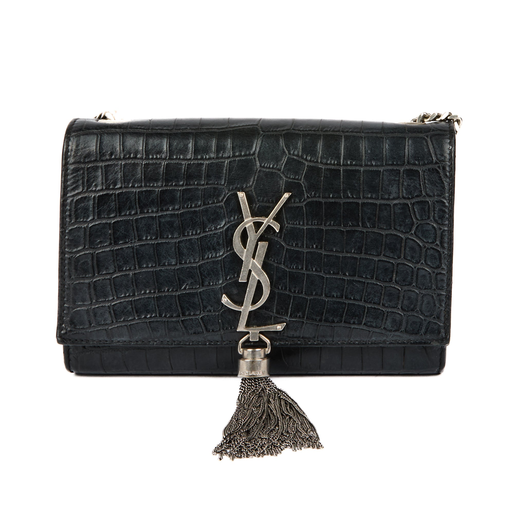 SAINT LAURENT - Sac bandoulière Mini Kate tassel cuir façon crocodile noir - Handbag