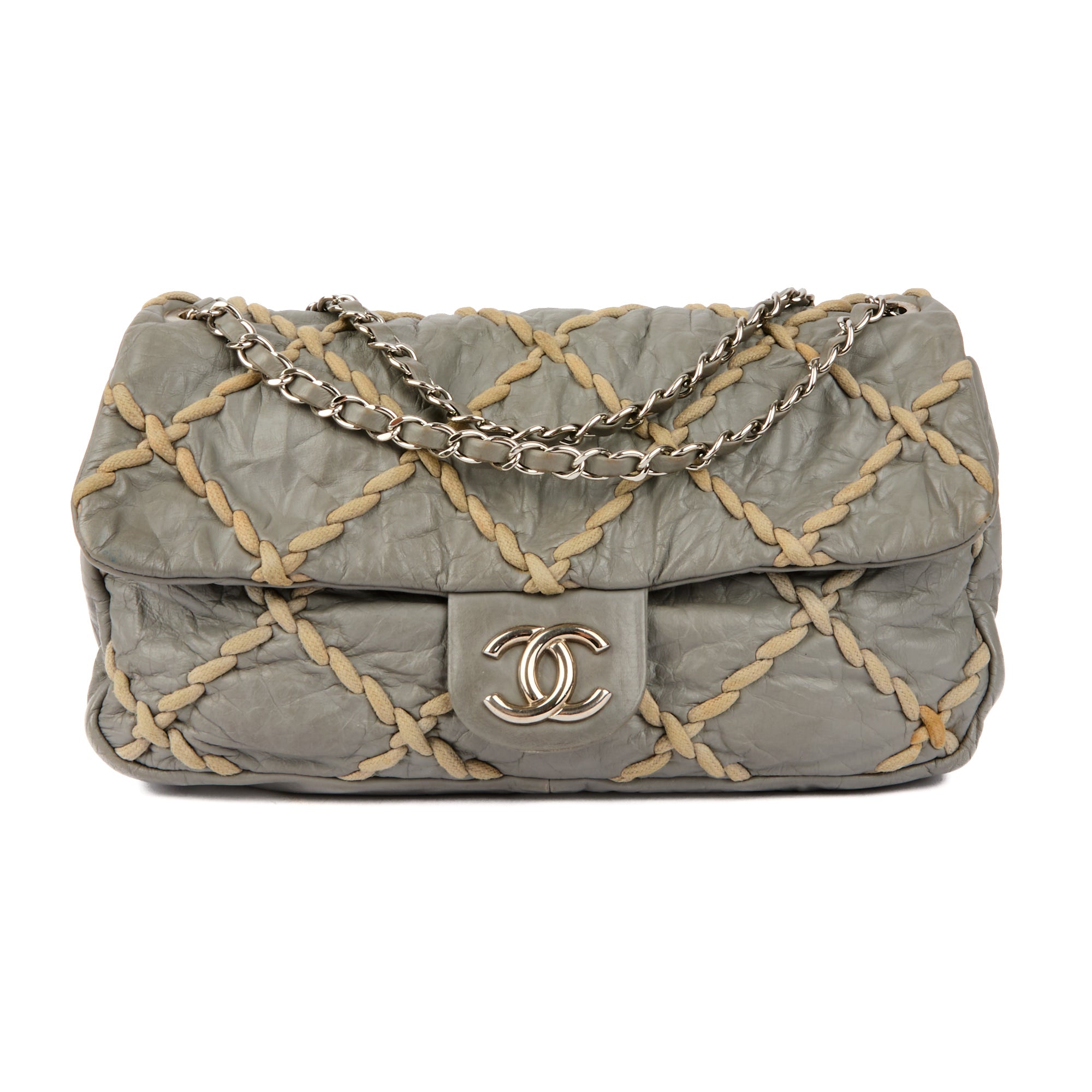 CHANEL - Sac à main Classique Logo CC Stitches cuir gris - Handbag