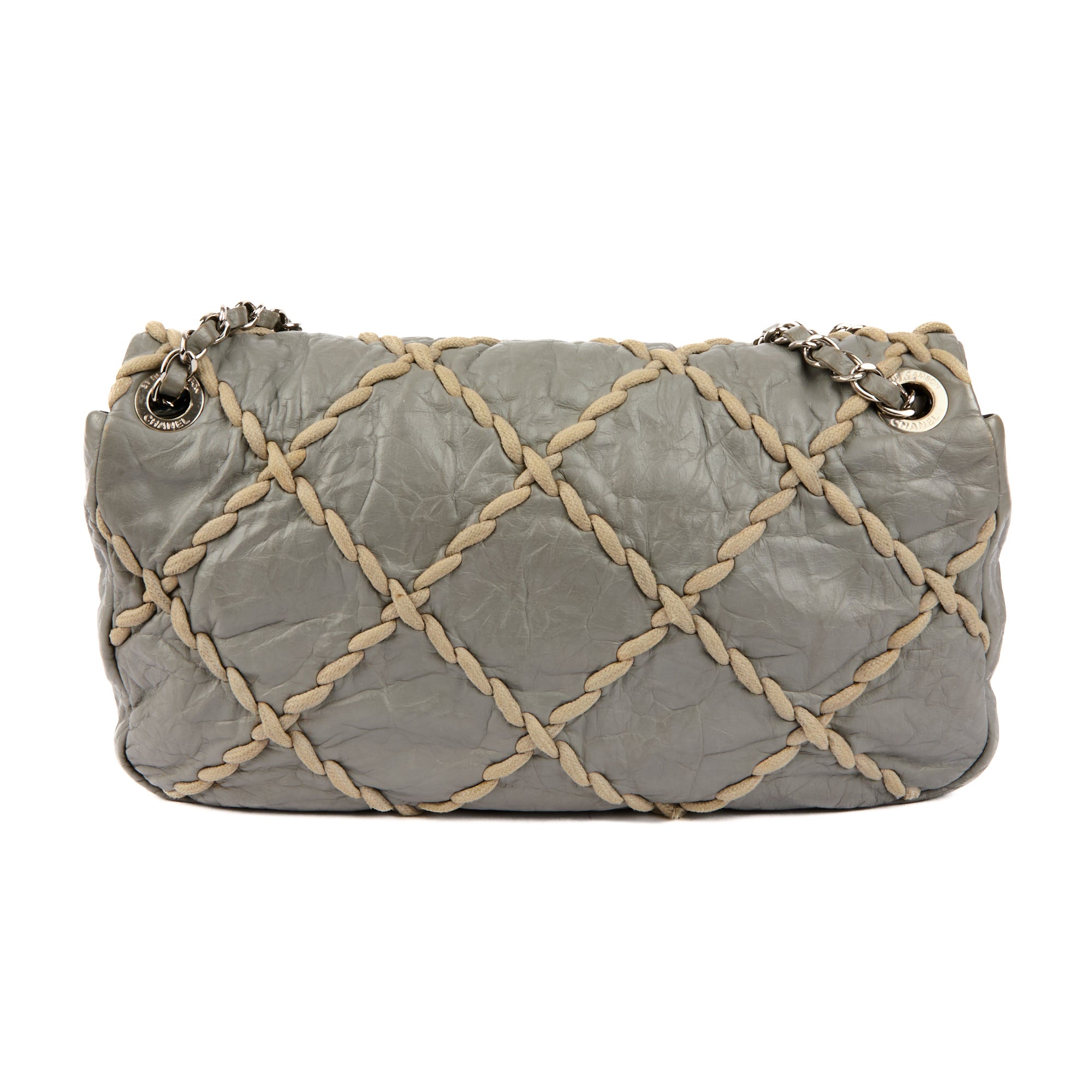 CHANEL - Sac à main Classique Logo CC Stitches cuir gris - Handbag