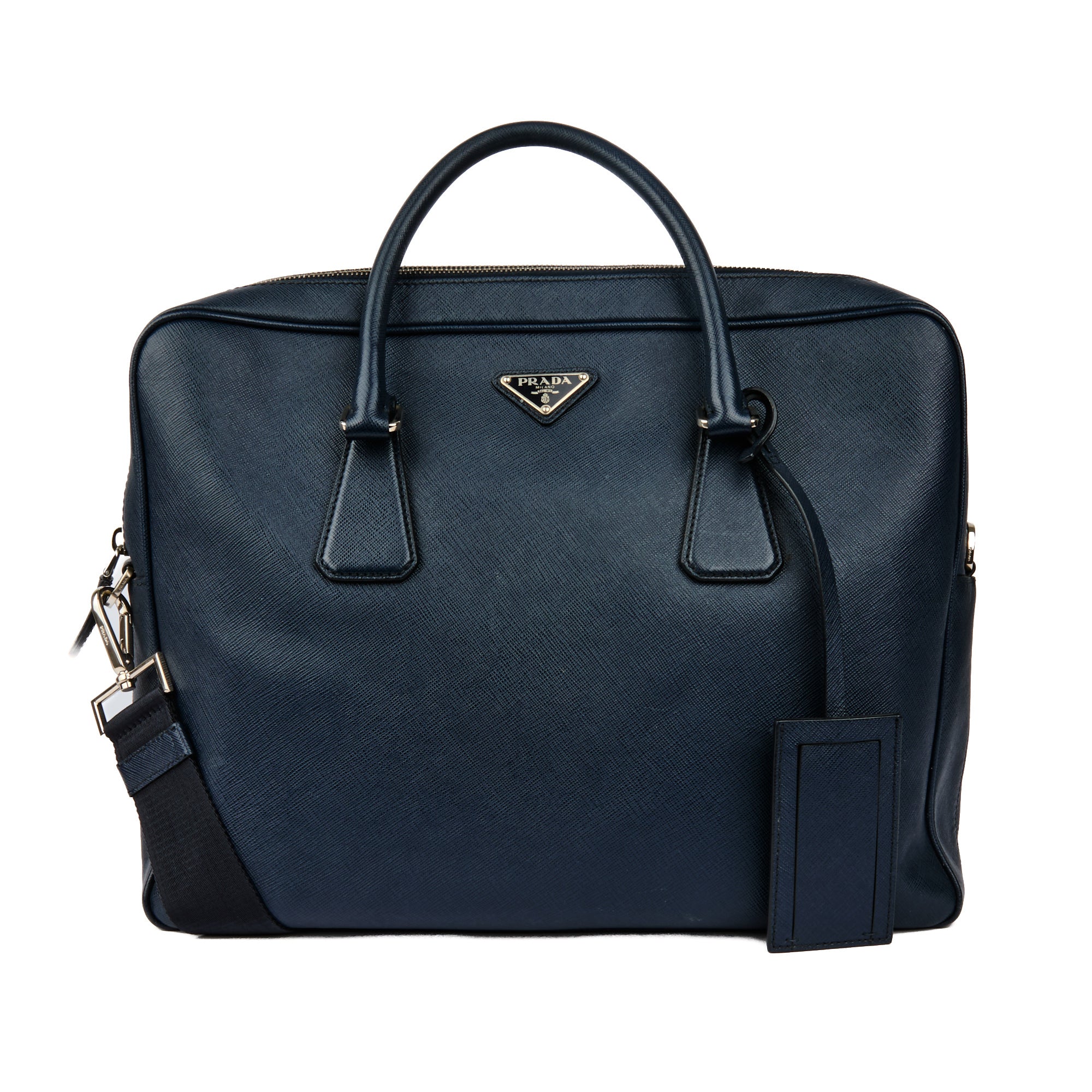 PRADA - Sac Porte documents Saffiano cuir bleu marine - Handbag