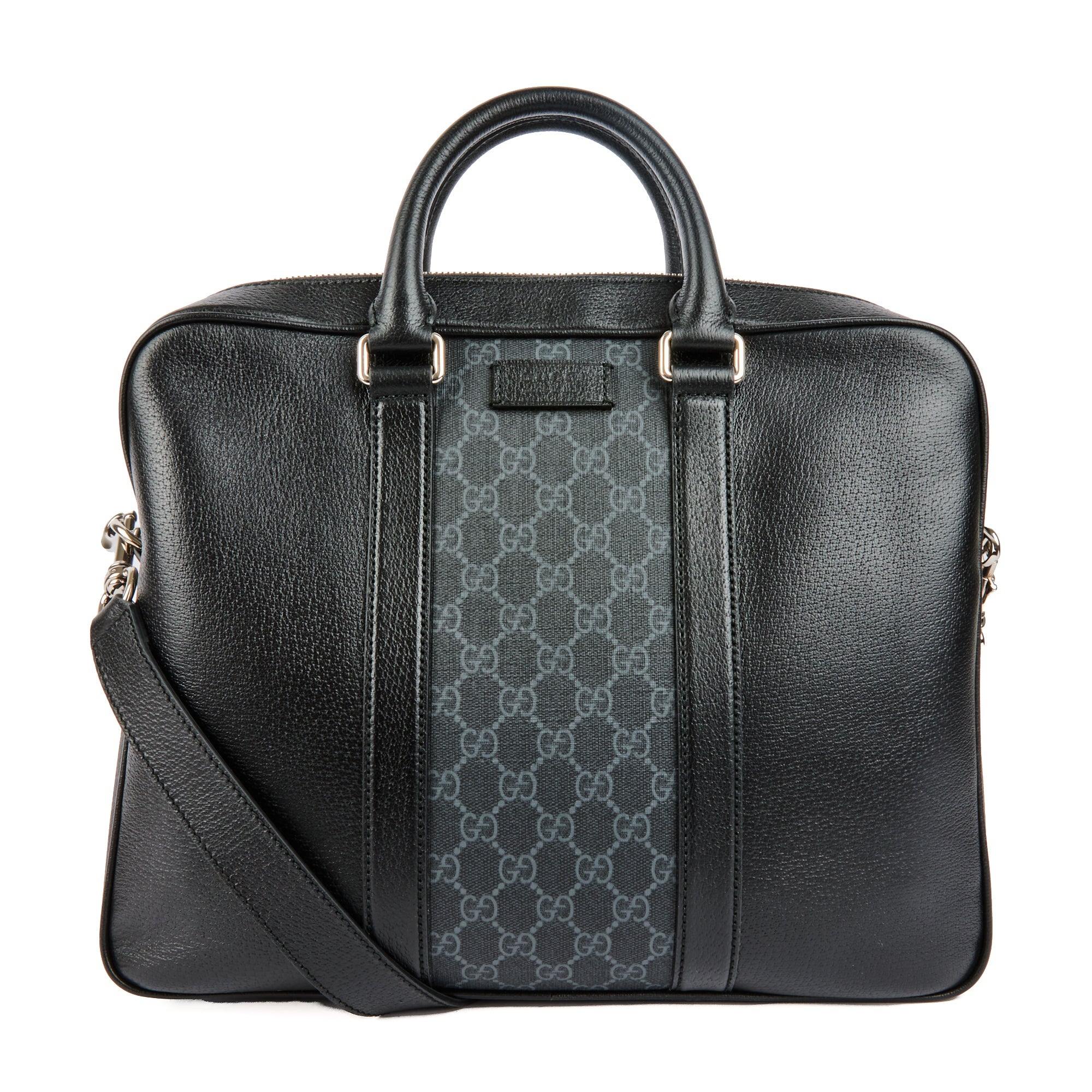 GUCCI - Sac Porte document en cuir noir et toile GG - Handbag