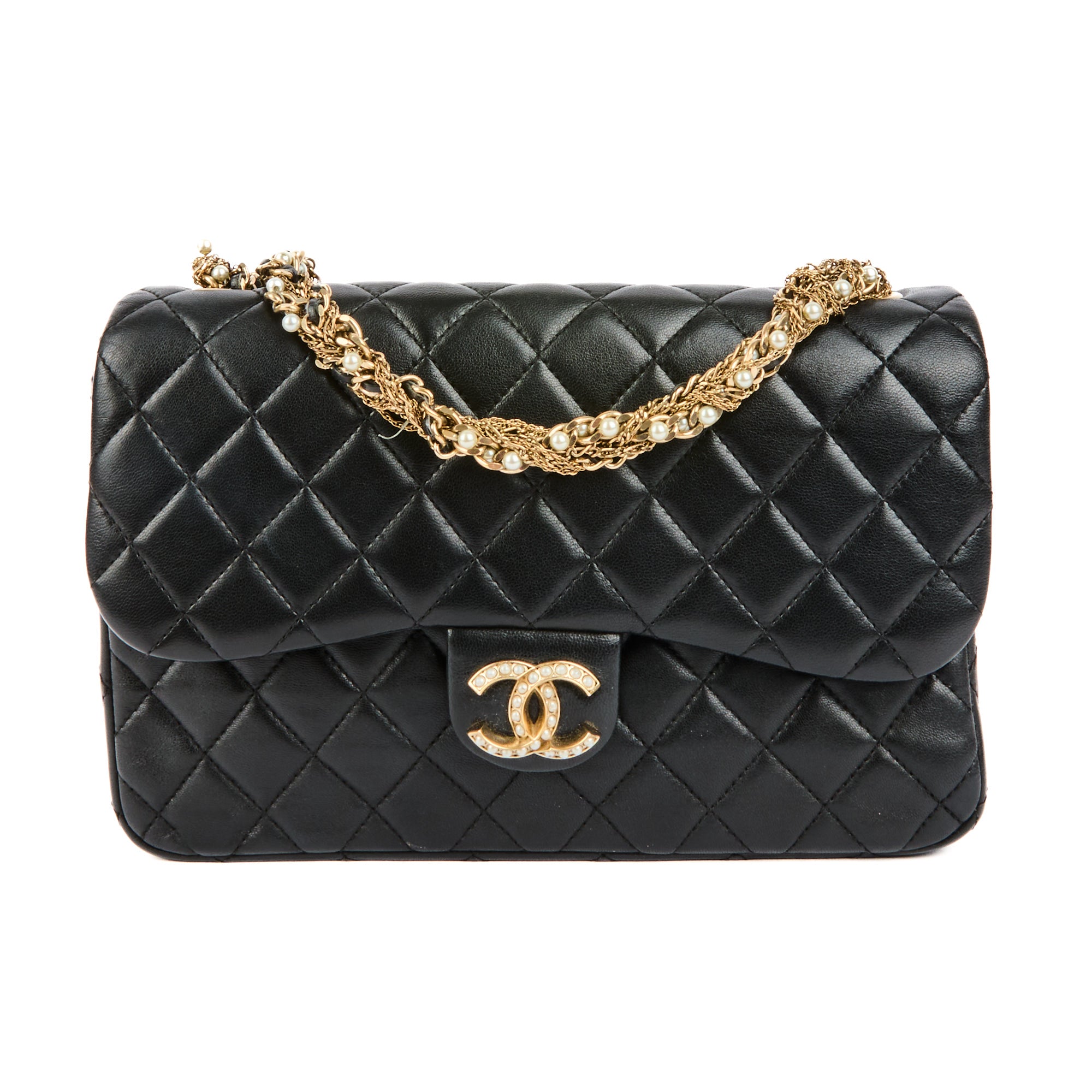 CHANEL - Sac bandoulière Classique CC Médium perles cuir noir - Handbag