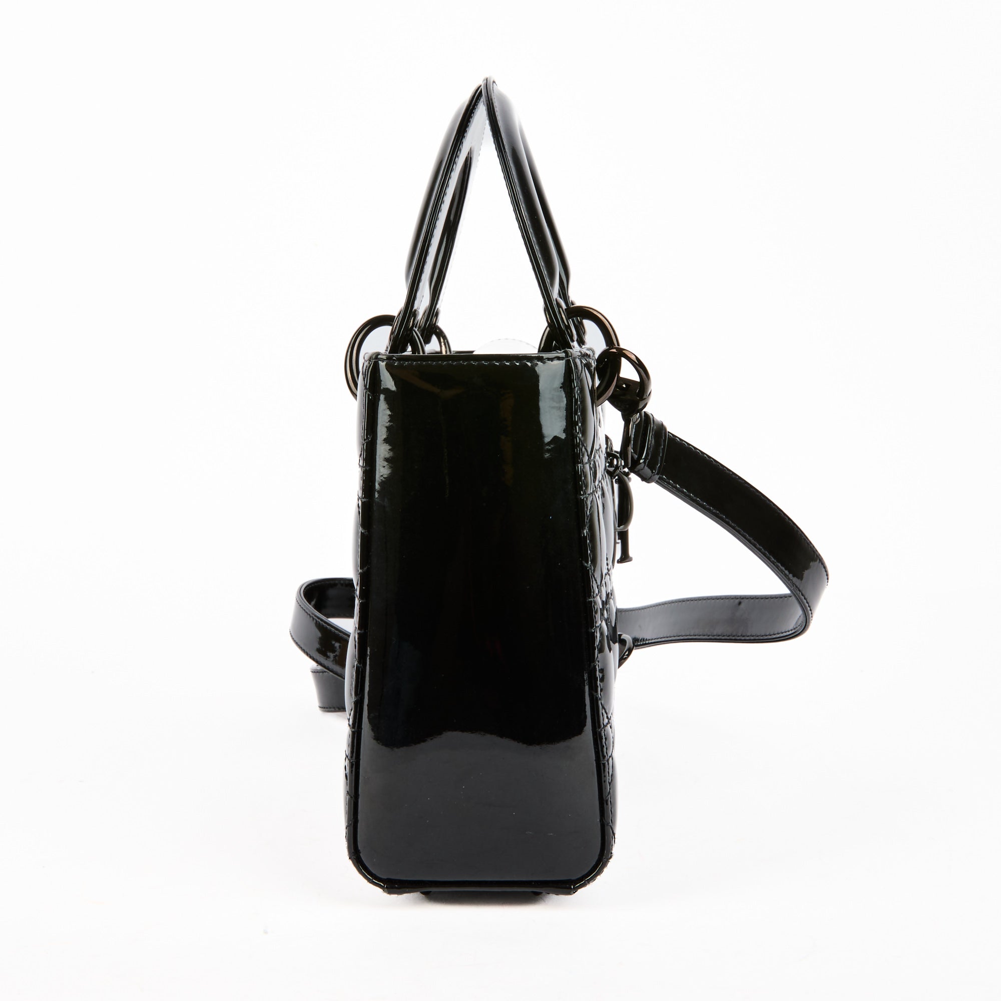 DIOR - Lady Dior Small Patent Leather All Black Shoulder Bag - Handbag