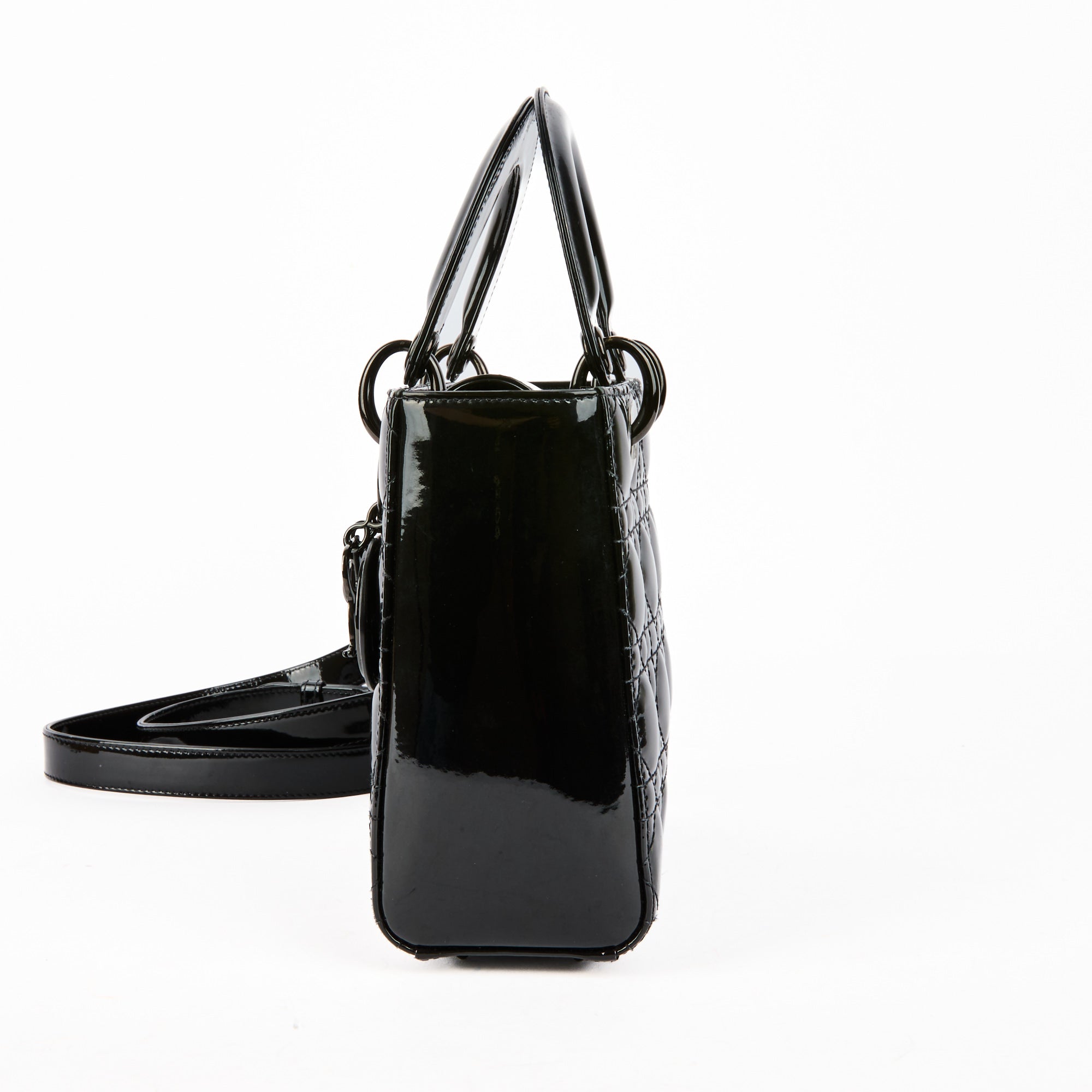 DIOR - Lady Dior Small Patent Leather All Black Shoulder Bag - Handbag