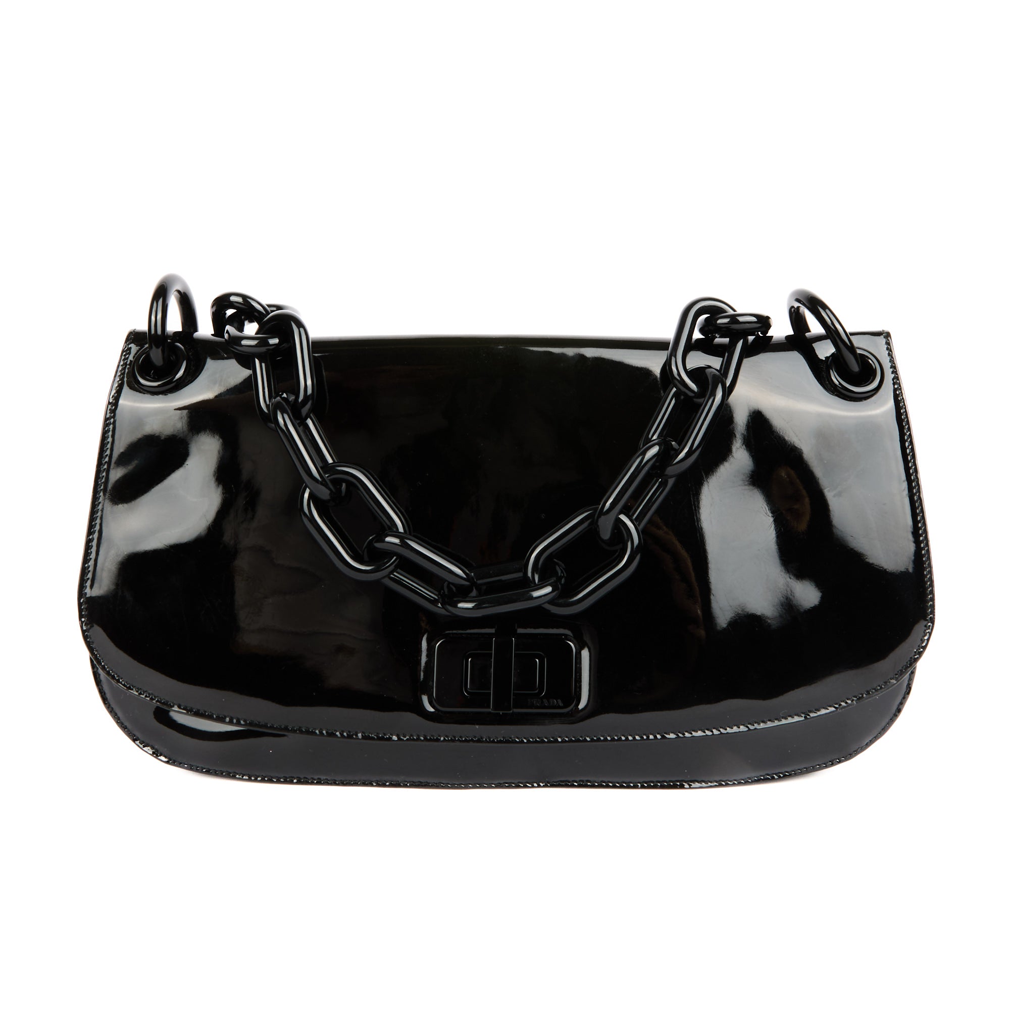 PRADA - Sac à main Demi lune cuir verni noir - Handbag