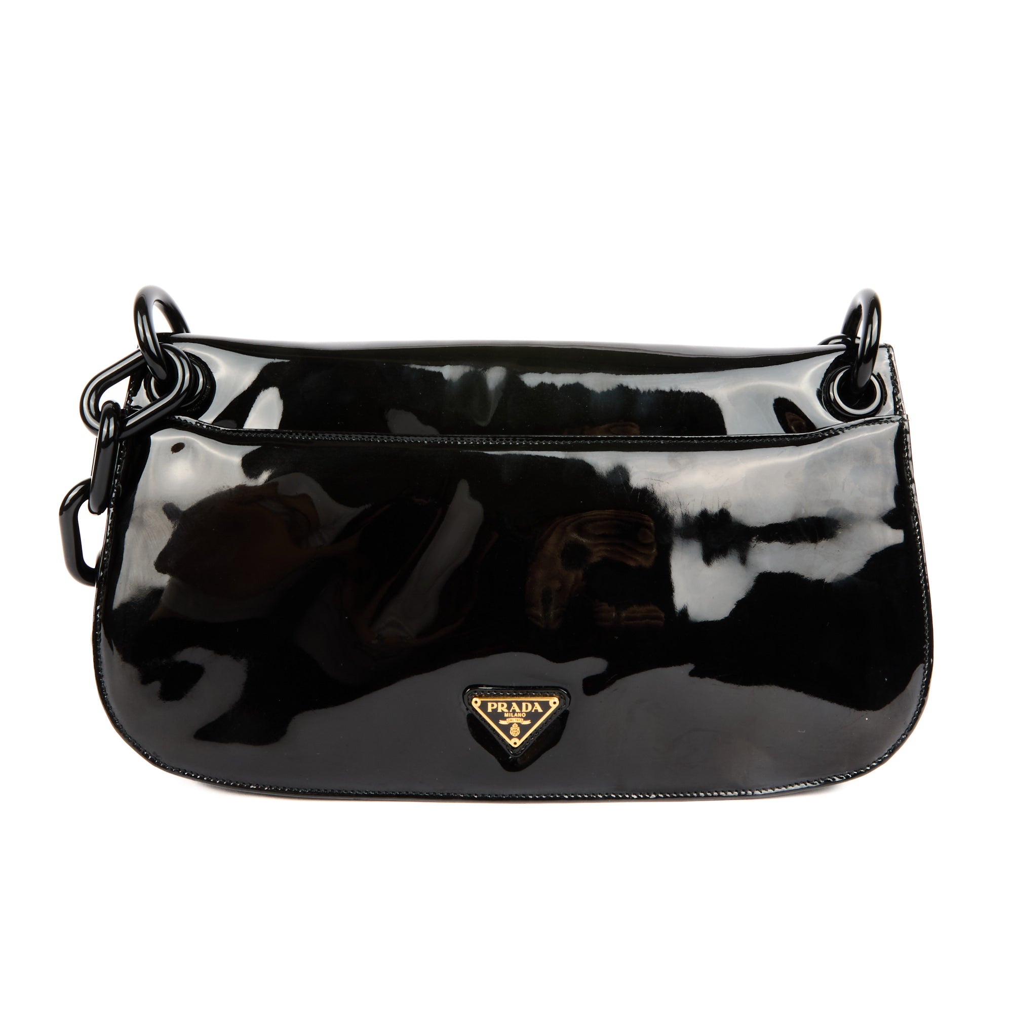 PRADA - Sac à main Demi lune cuir verni noir - Handbag