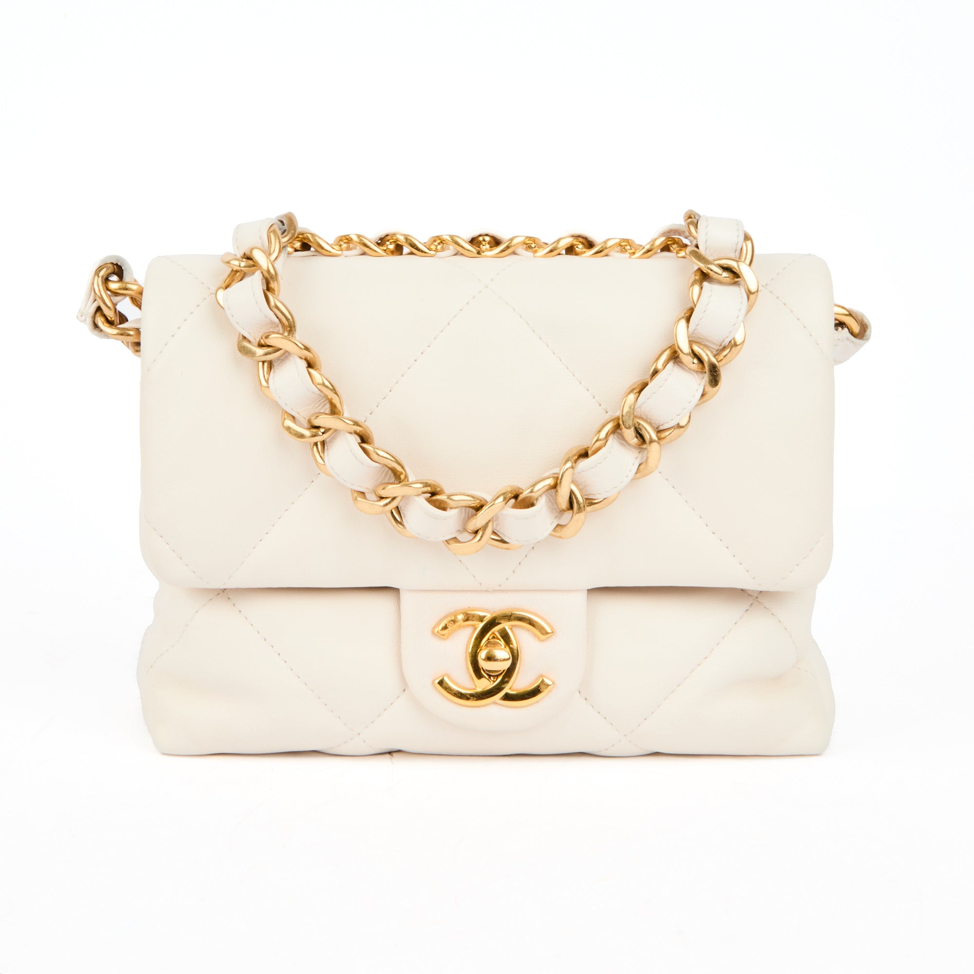 CHANEL - Sac bandoulière Mini Cushion Chain cuir blanc - Handbag