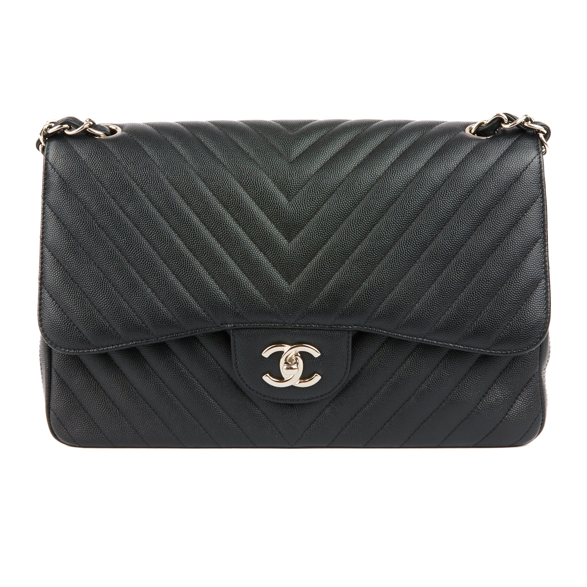 CHANEL - Sac bandoulière Jumbo Classique cuir chevron caviar noir - handbag