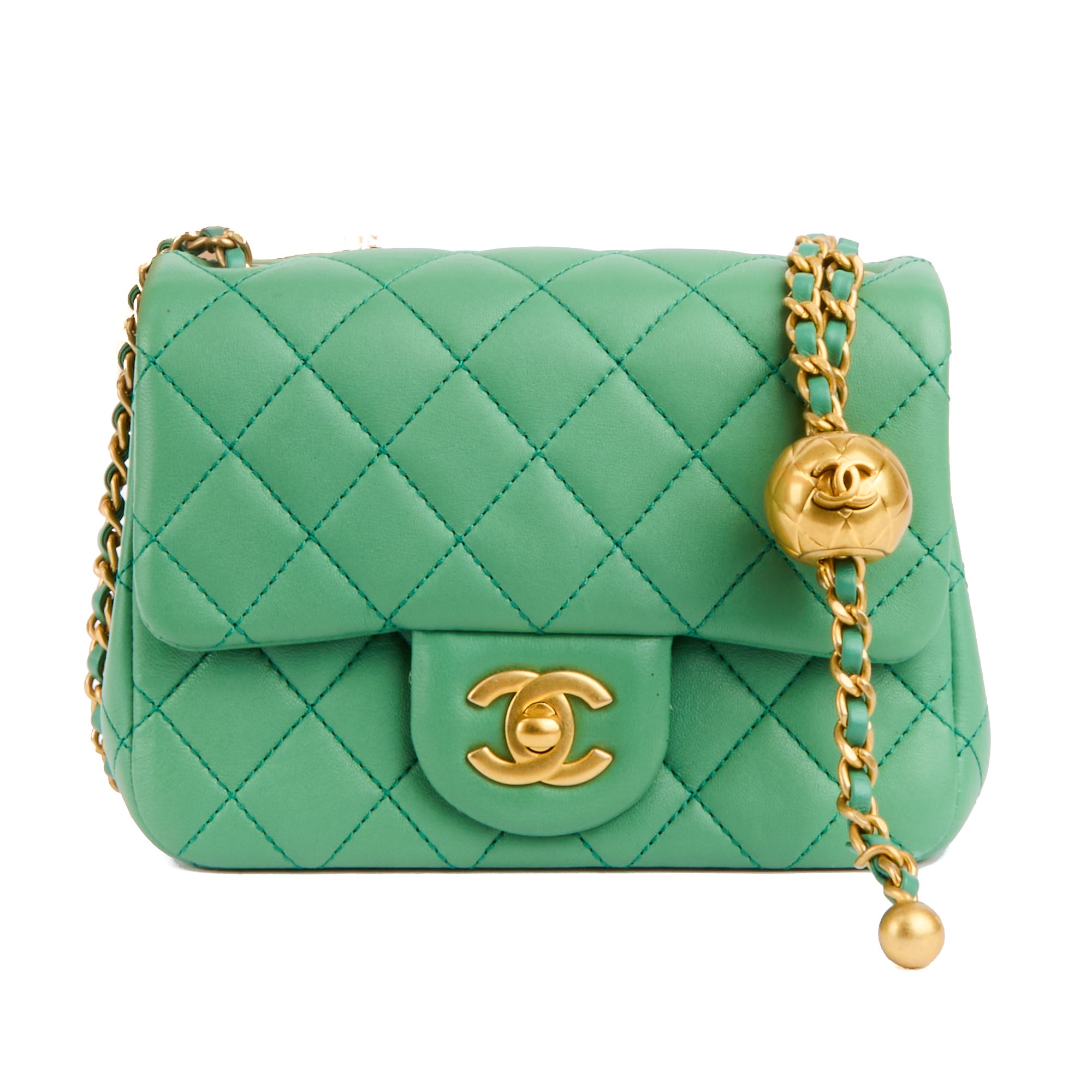 CHANEL - Sac bandoulière Mini Square Classique cuir vert perle - Handbag