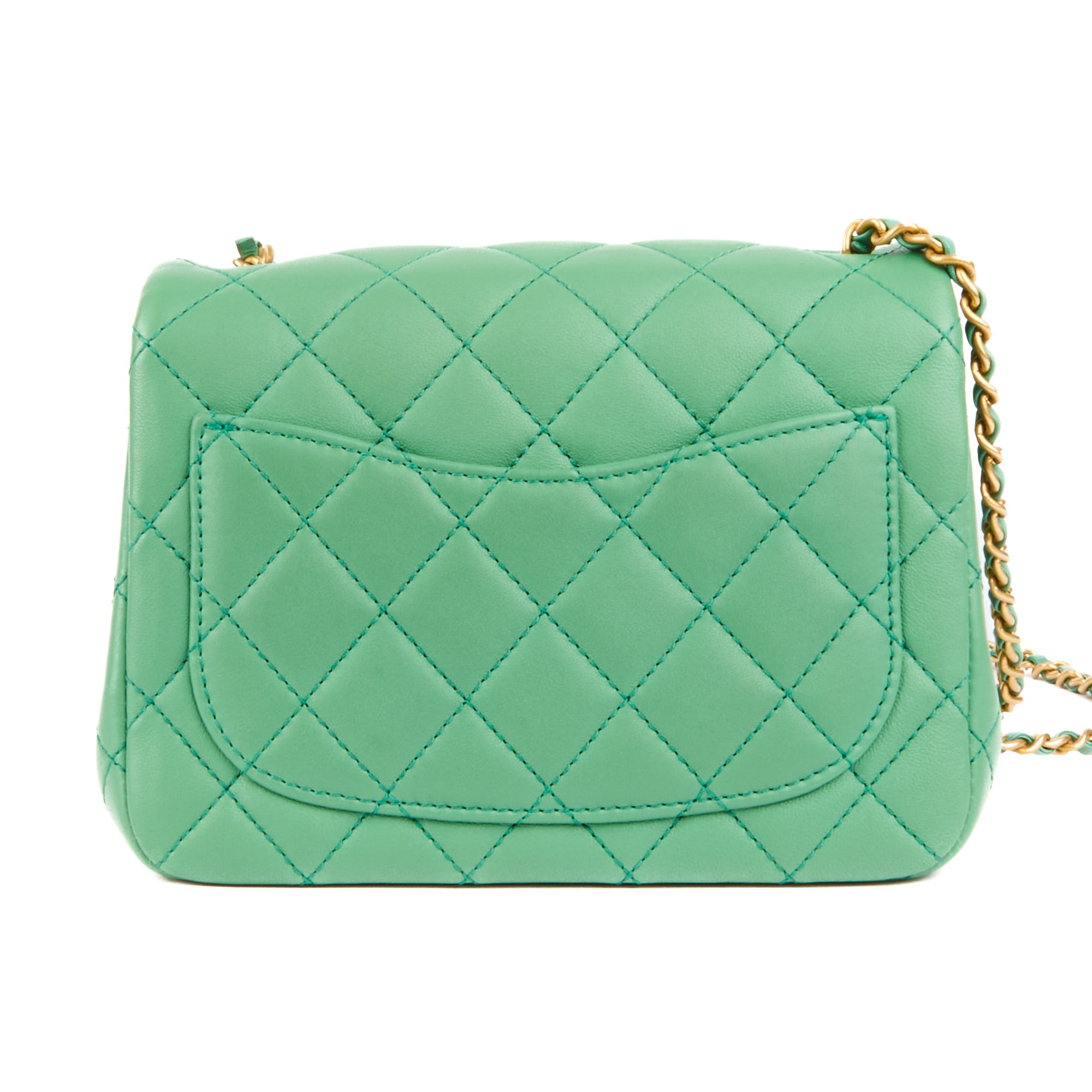 CHANEL - Sac bandoulière Mini Square Classique cuir vert perle - Handbag