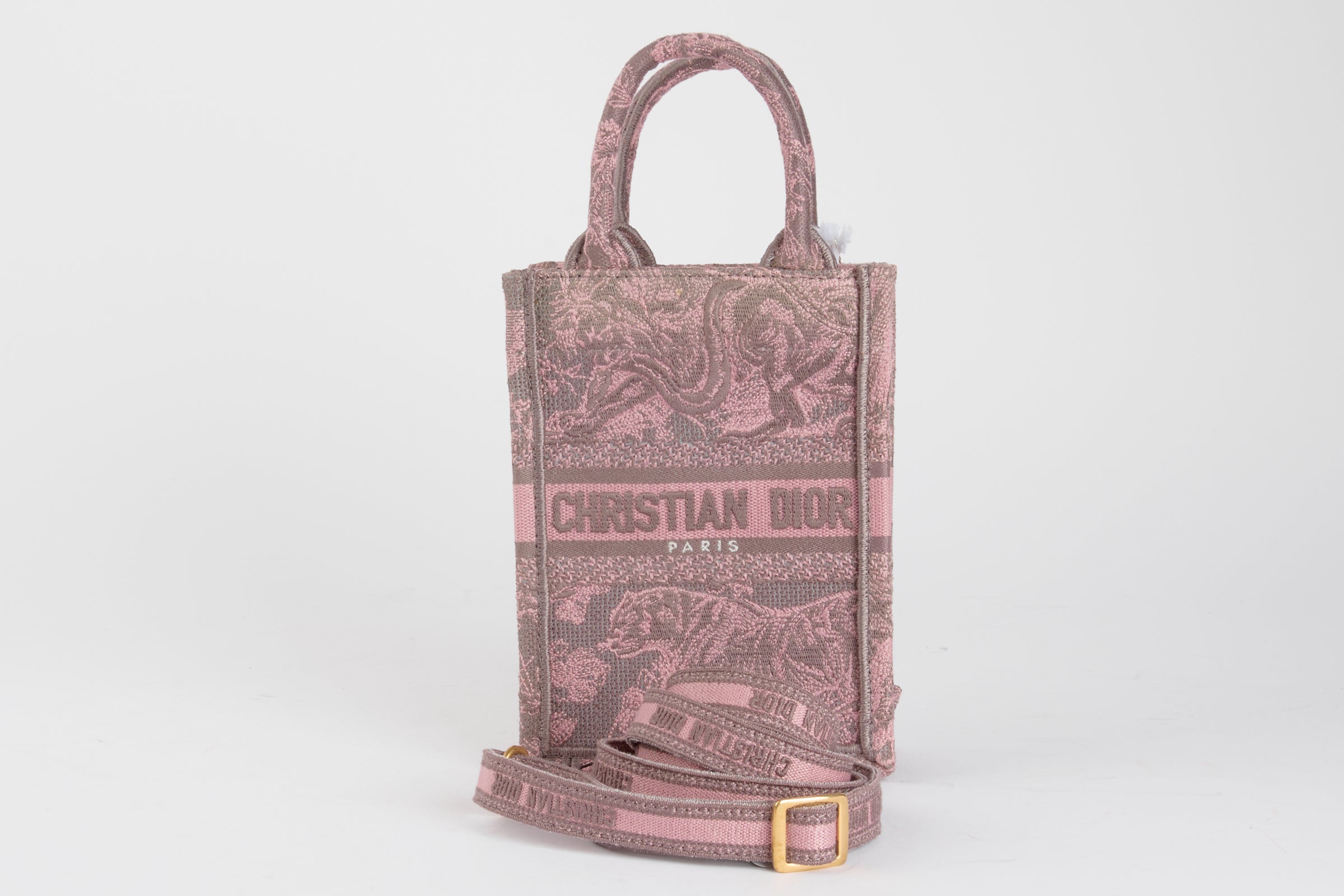 DIOR - Sac à main Book Tote Vertical Dioriviera toile de Jouy rose gris - Hand Bag