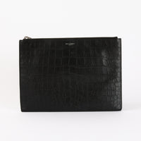 SAINT LAURENT - Black Crocodile Embossed Leather Clutch Bag 