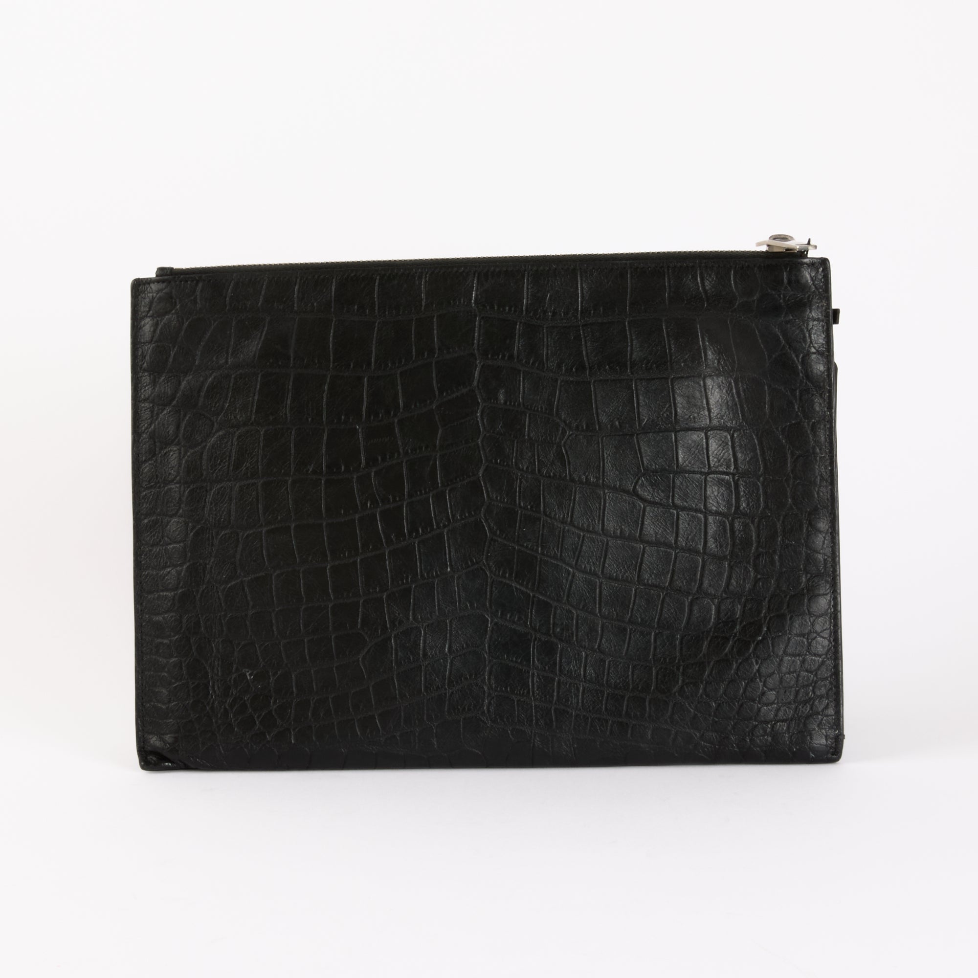 SAINT LAURENT - Black Crocodile Embossed Leather Clutch Bag 