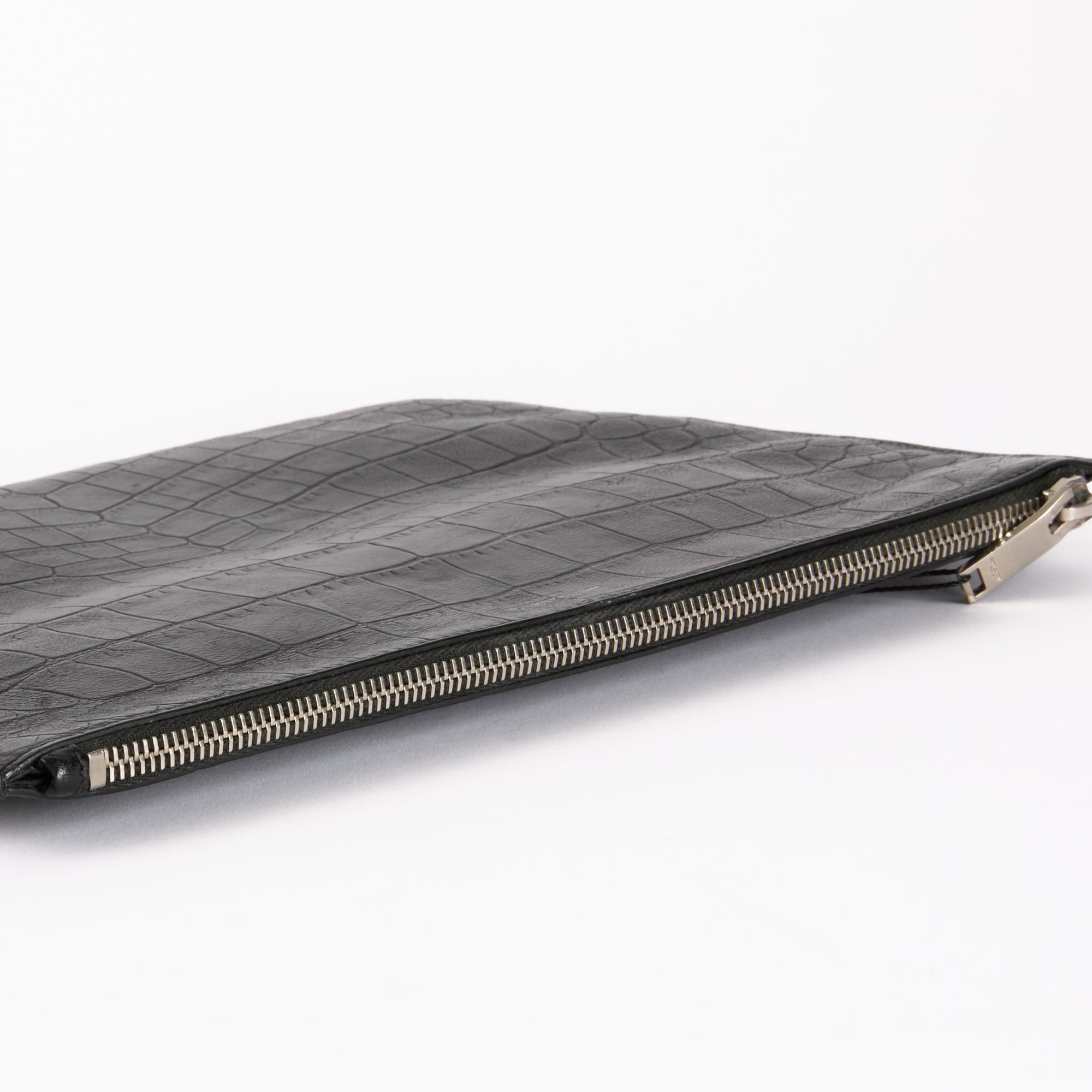 SAINT LAURENT - Black Crocodile Embossed Leather Clutch Bag 