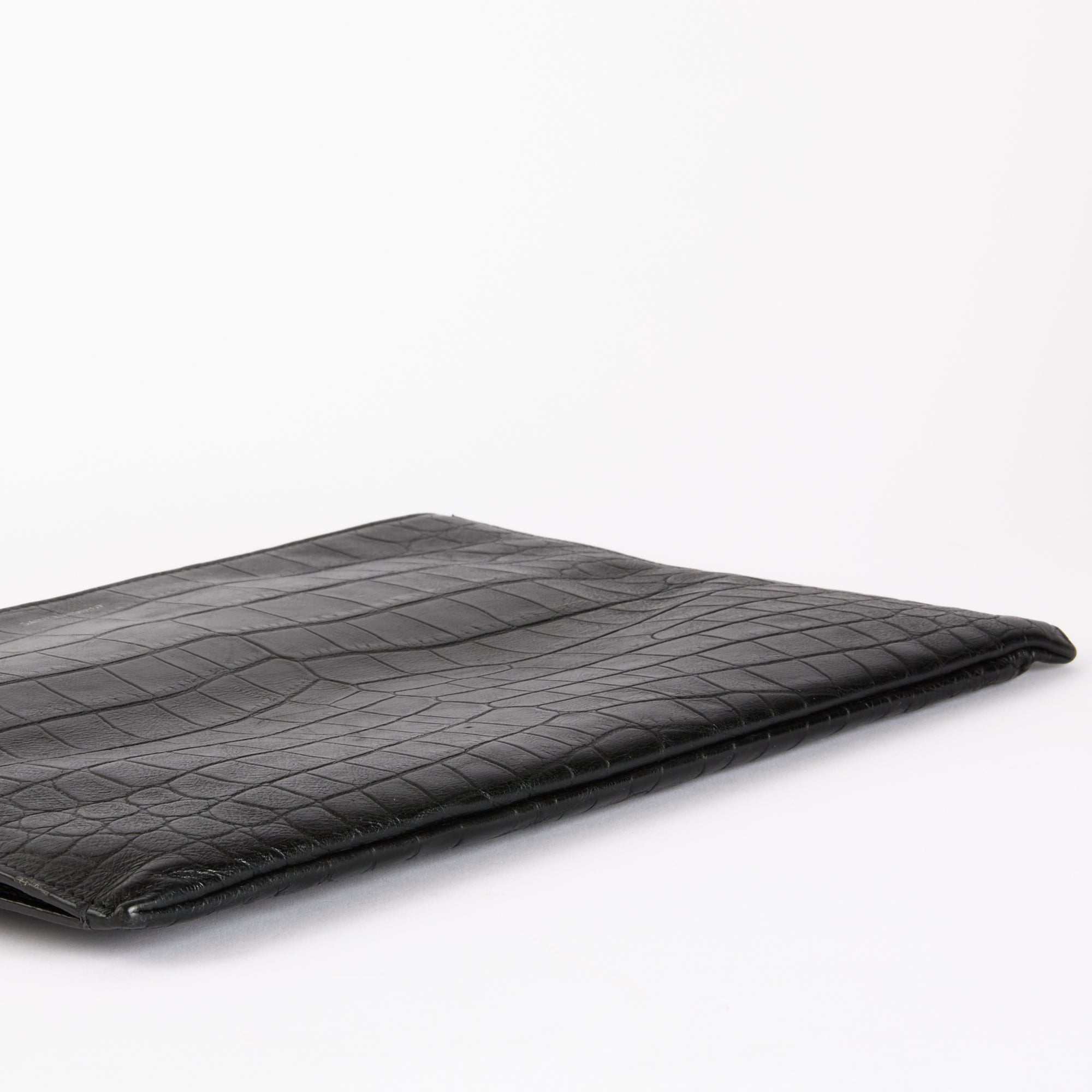 SAINT LAURENT - Black Crocodile Embossed Leather Clutch Bag 