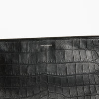 SAINT LAURENT - Black Crocodile Embossed Leather Clutch Bag 