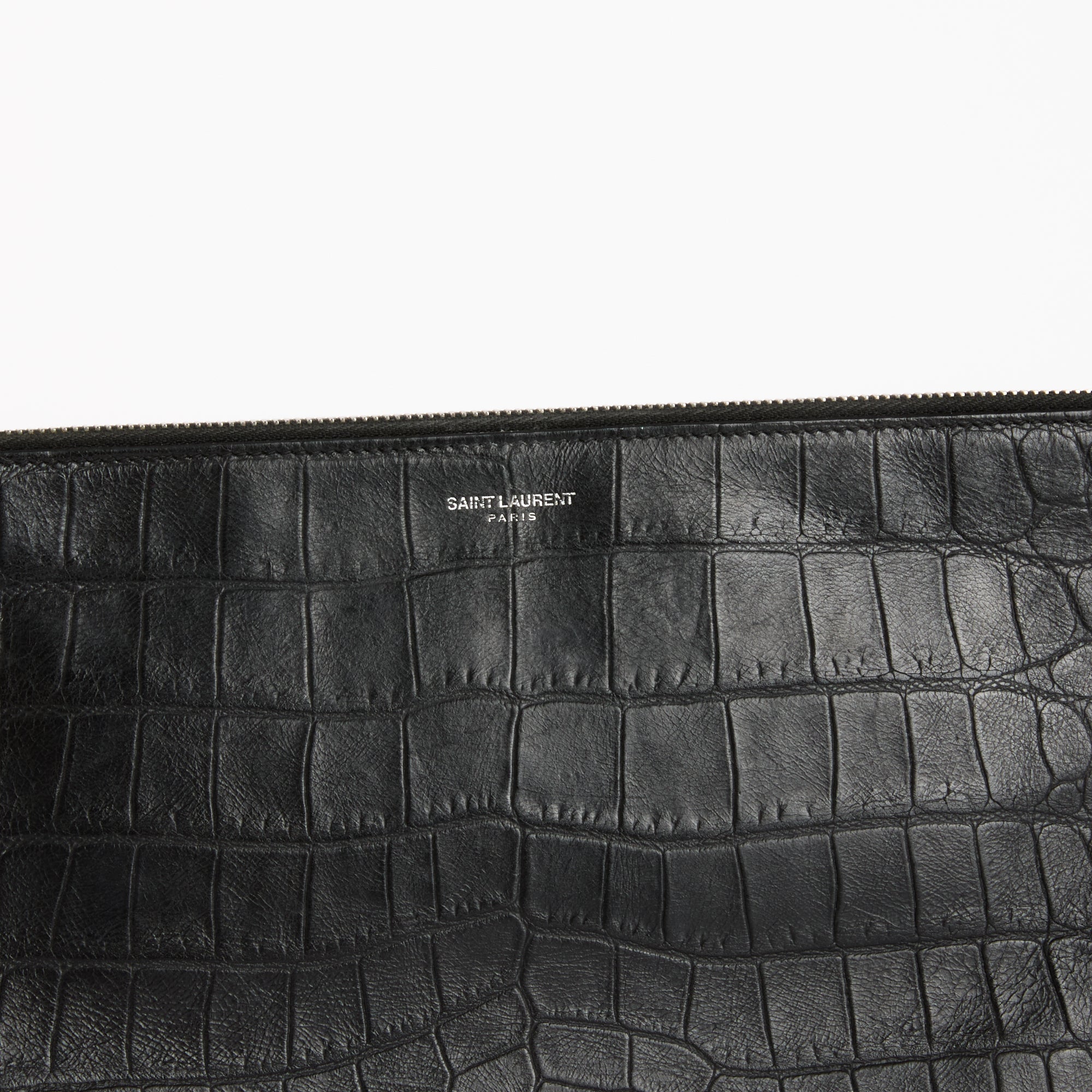 SAINT LAURENT - Black Crocodile Embossed Leather Clutch Bag 