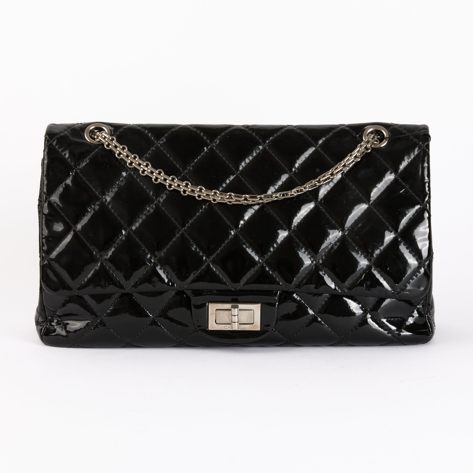 CHANEL - Sac à main 2.55 Jumbo cuir vernis noir - Hand Shoulder Bag