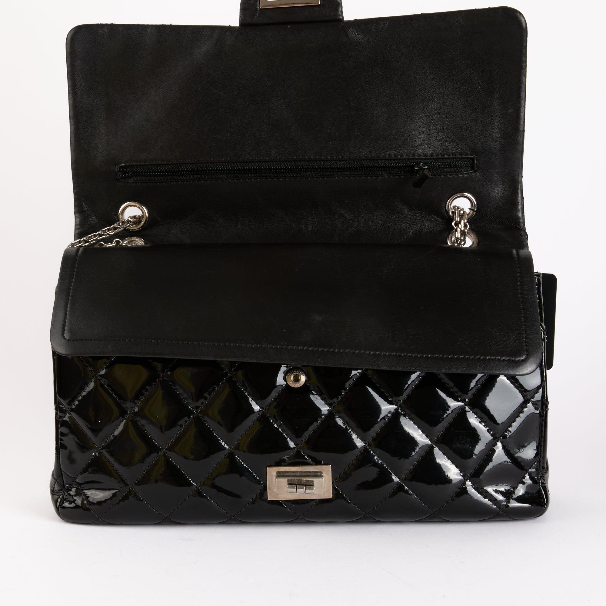 CHANEL - Sac à main 2.55 Jumbo cuir vernis noir - Hand Shoulder Bag