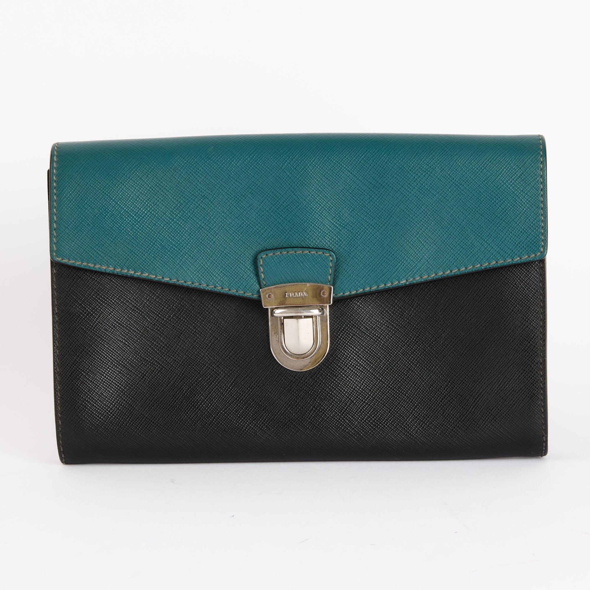 PRADA - Pochette Two Tone cuir Saffiano noir bleu - Clutch Pouch Bag