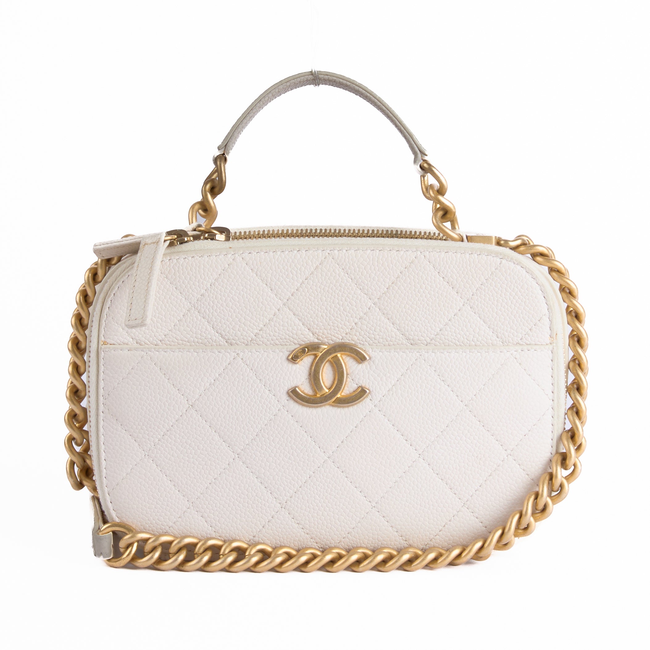 CHANEL - Sac bandoulière Vanity Logo CC cuir caviar blanc - Hand bag