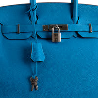 HERMES - Sac à main Birkin 30 cuir Taurillon Clémence Bleu Hydra - Hand bag