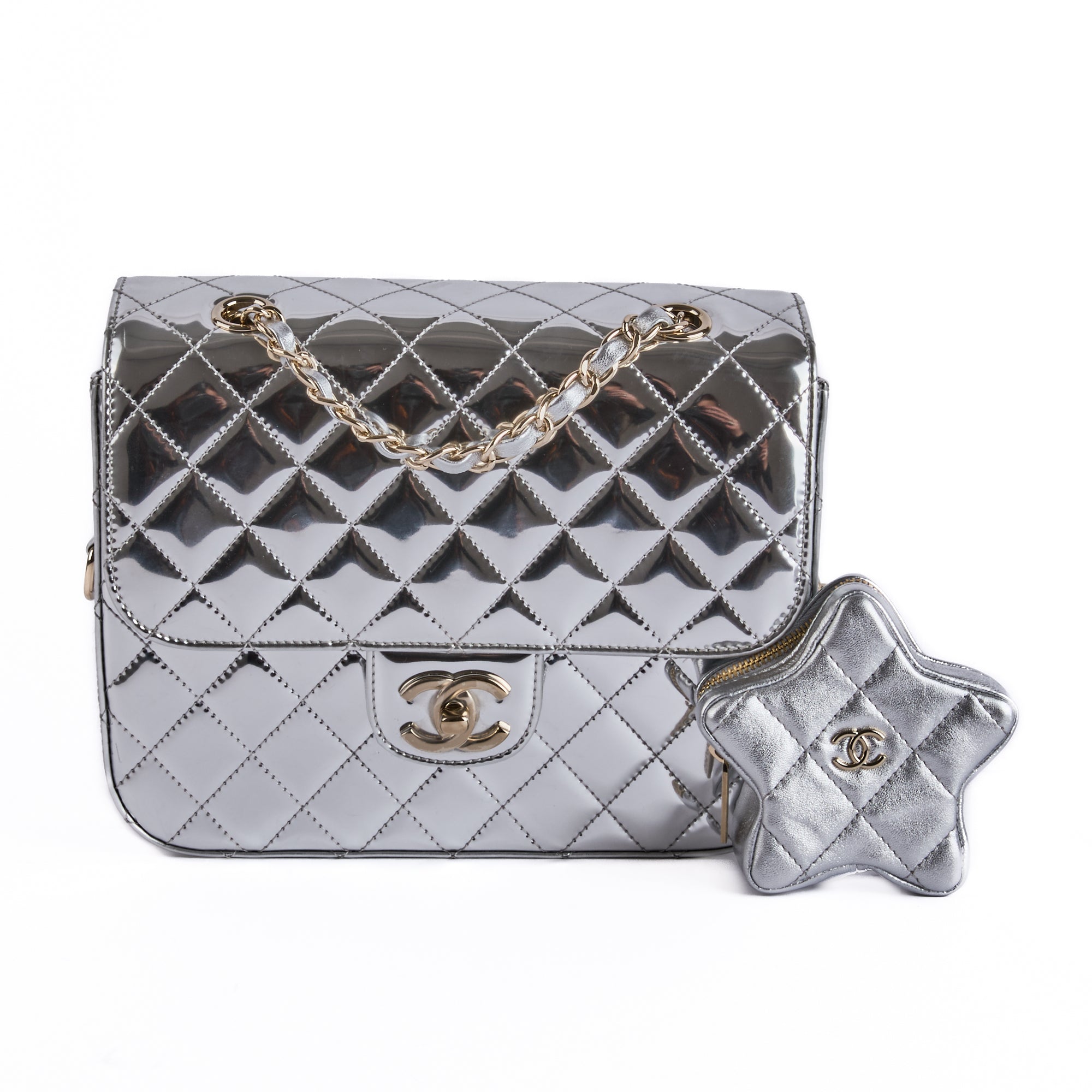 CHANEL - Sac à dos Mirror Timeless Star cuir argent - Hand Bag